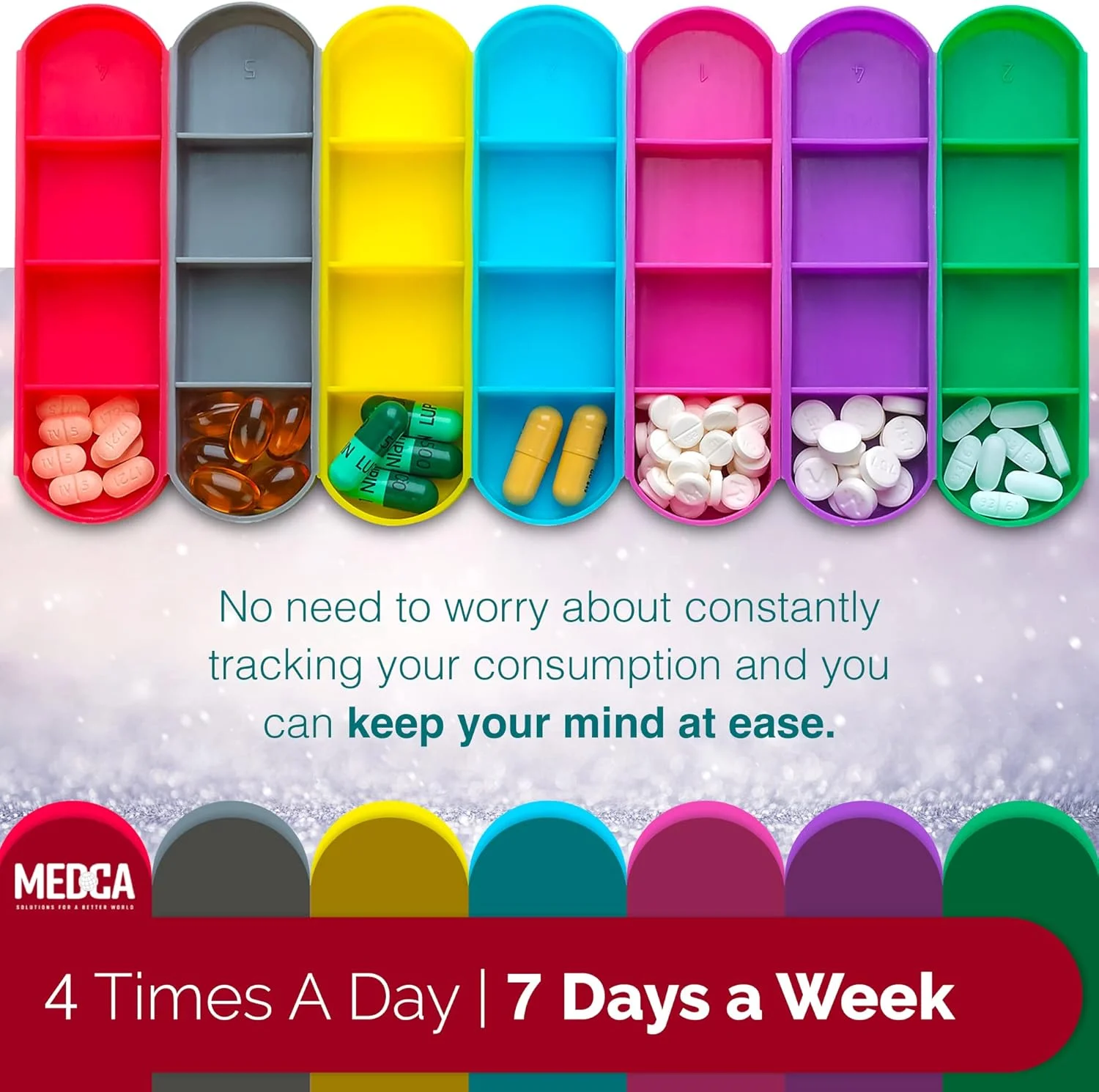 جعبه قرص هفتگی مسافرتی MEDca - (مجموعه 2 عددی) کیف نگهدارنده قرص، جعبه یادآوری دارو، محفظه تقسیم کننده قرص، جا قرصی ویتامین، برای 4 بار در روز، 7 روز در هفته جعبه قرص هفتگی مسافرتی MEDca - (مجموعه 2 عددی) کیف نگهدارنده قرص، جعبه یادآوری دارو، محفظه تقسیم کننده قرص، جا قرصی ویتامین، برای 4 بار در روز، 7 روز در هفته