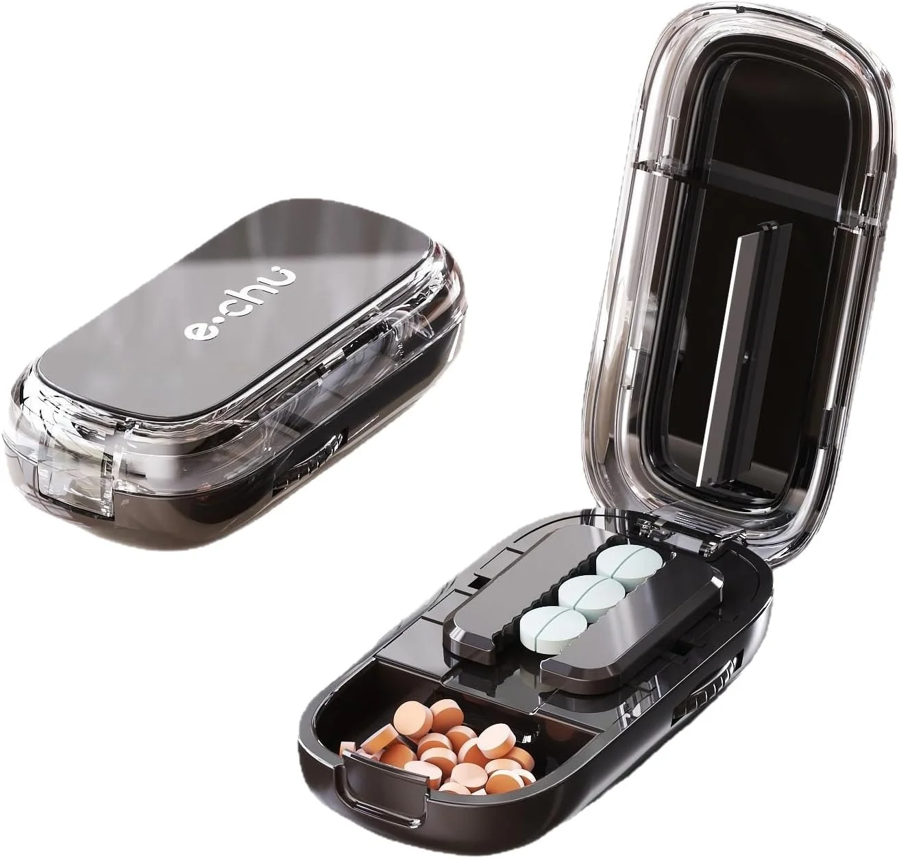 برش دهنده دارو، برش دهنده داروی قابل حمل - برش دهنده قرص 4 در 1 (دارای محفظه نگهداری دارو، توزیع دقیق، ضروری برای مسافرت های خانگی، مواد با درجه پزشکی)