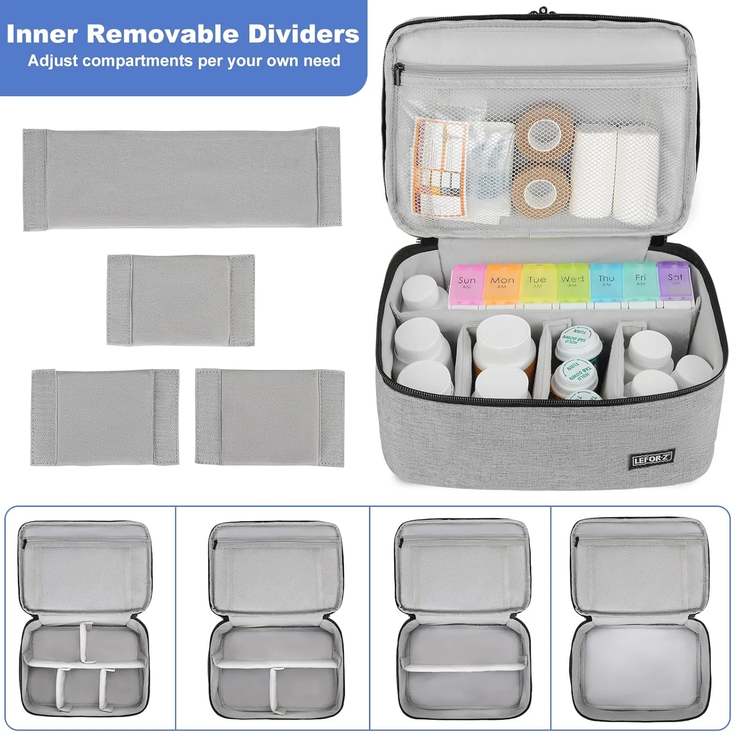 کیف نگهداری دارو، کیف خالی دو لایه سازمان دهنده بطری قرص با زیپ قفل دار و جداکننده قابل تنظیم، کیف حمل مسافرتی دارو برای قرص، ویتامین ها، لوازم پزشکی، خاکستری، 28x20x18 سانتی متر