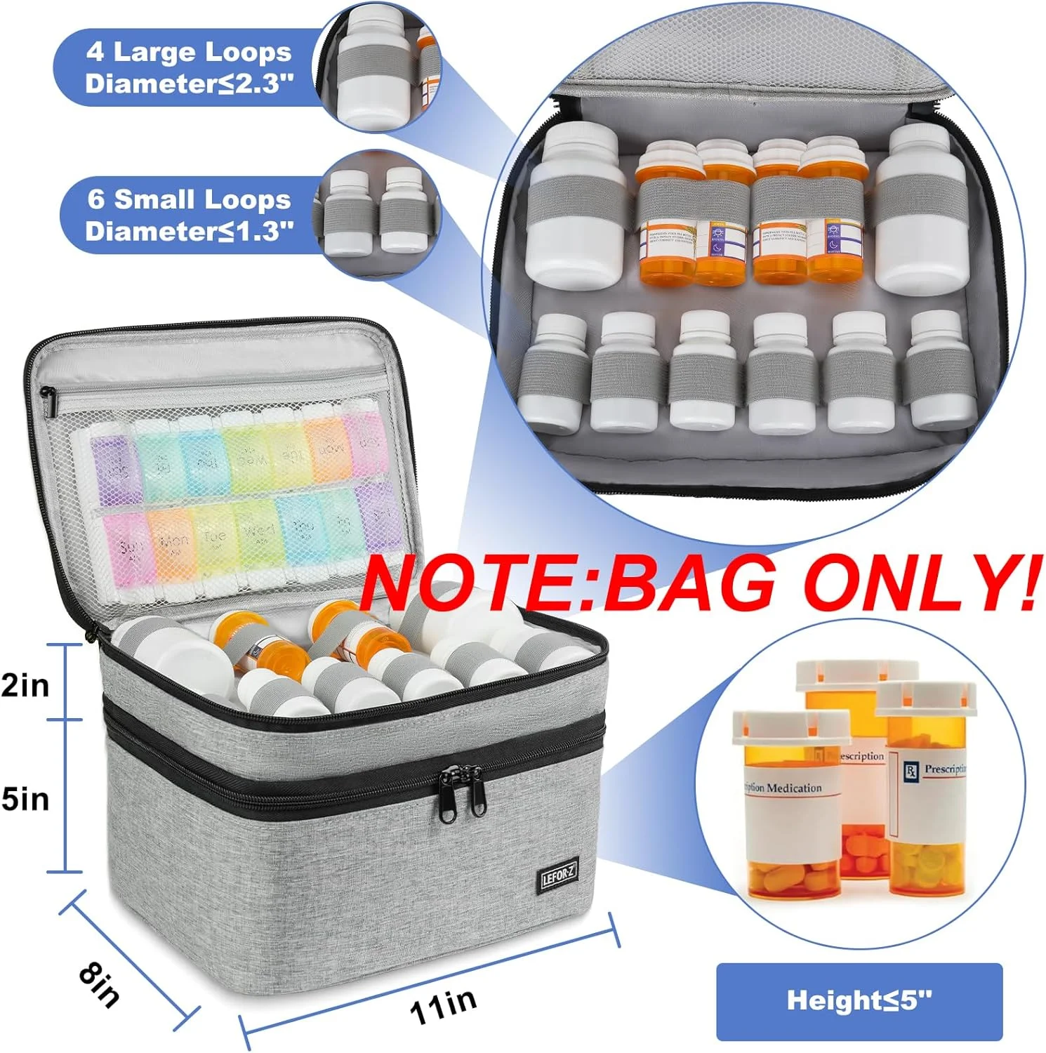 کیف نگهداری دارو، کیف خالی دو لایه سازمان دهنده بطری قرص با زیپ قفل دار و جداکننده قابل تنظیم، کیف حمل مسافرتی دارو برای قرص، ویتامین ها، لوازم پزشکی، خاکستری، 28x20x18 سانتی متر