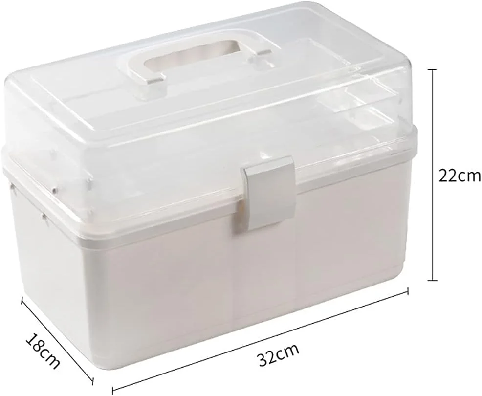 جعبه دارو، جعبه نگهداری دارو پلاستیکی، جعبه کمک های اولیه خانگی، جعبه کمک های اولیه 3 طبقه، جعبه سازمان دهنده دارو با محفظه و دسته (سفید-A)