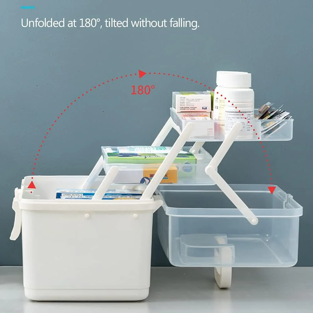جعبه دارو، جعبه نگهداری دارو پلاستیکی، جعبه کمک های اولیه خانگی، جعبه کمک های اولیه 3 طبقه، جعبه سازمان دهنده دارو با محفظه و دسته (سفید-A)