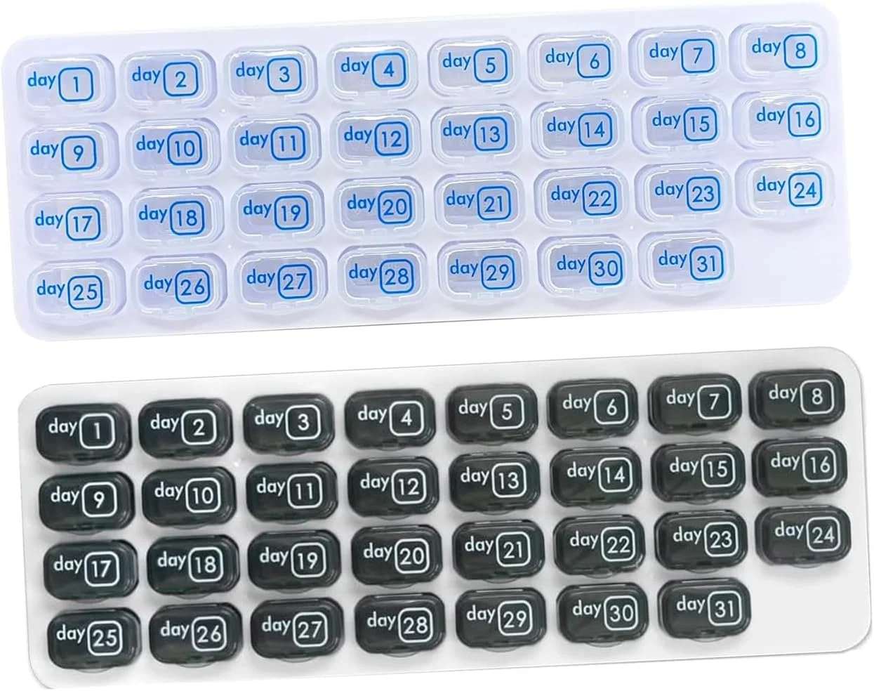جعبه قرص ماهانه AM/PM با 31 محفظه جداشدنی و کارت هشدار پزشکی - آبی برای صبح و خاکستری برای عصر (شفاف و خاکستری)
