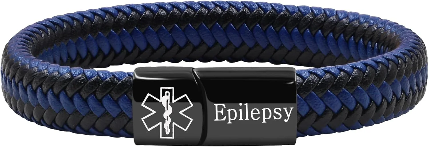 دستبند هشدار پزشکی برای آقایان و بانوان، دستبند شناسایی اضطراری با قفل استیل ضد زنگ مشکی، بند اطلاعات سلامتی چرم PU مدل YA5551