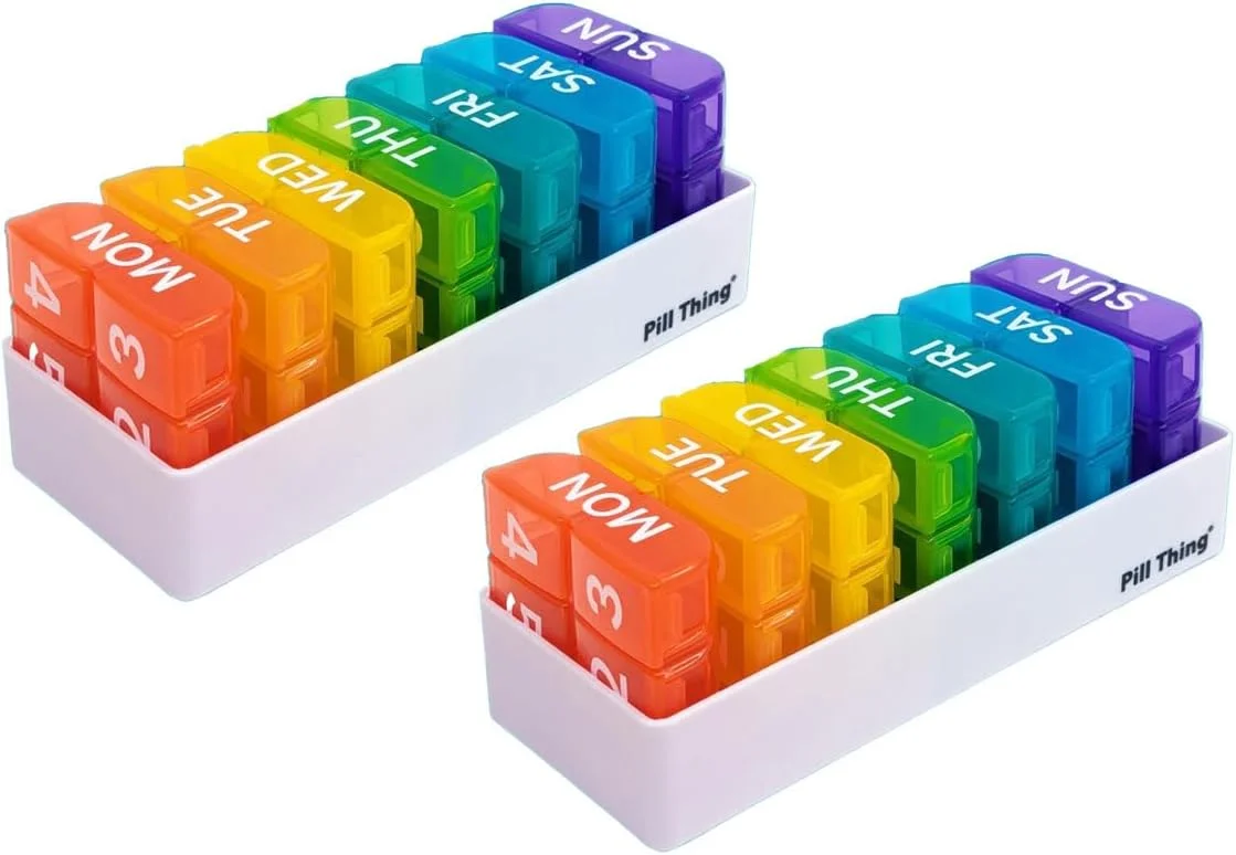جعبه قرص بزرگ هفتگی با سینی نگهدارنده، ویتامین، جعبه دارو، چند رنگ با کارت هشدار پزشکی (6 بار در روز - 2 بسته)