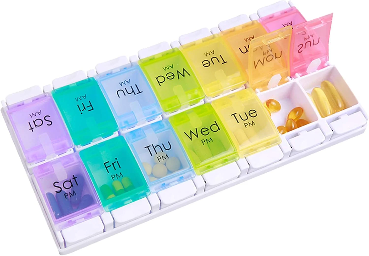 جعبه قرص هفتگی پزشکی، سازمان دهنده قرص 14 روزه، جعبه تقسیم قرص، جعبه دارویی صبح و عصر، جعبه قرص با 14 محفظه برای داروها، مکمل ها و ویتامین ها