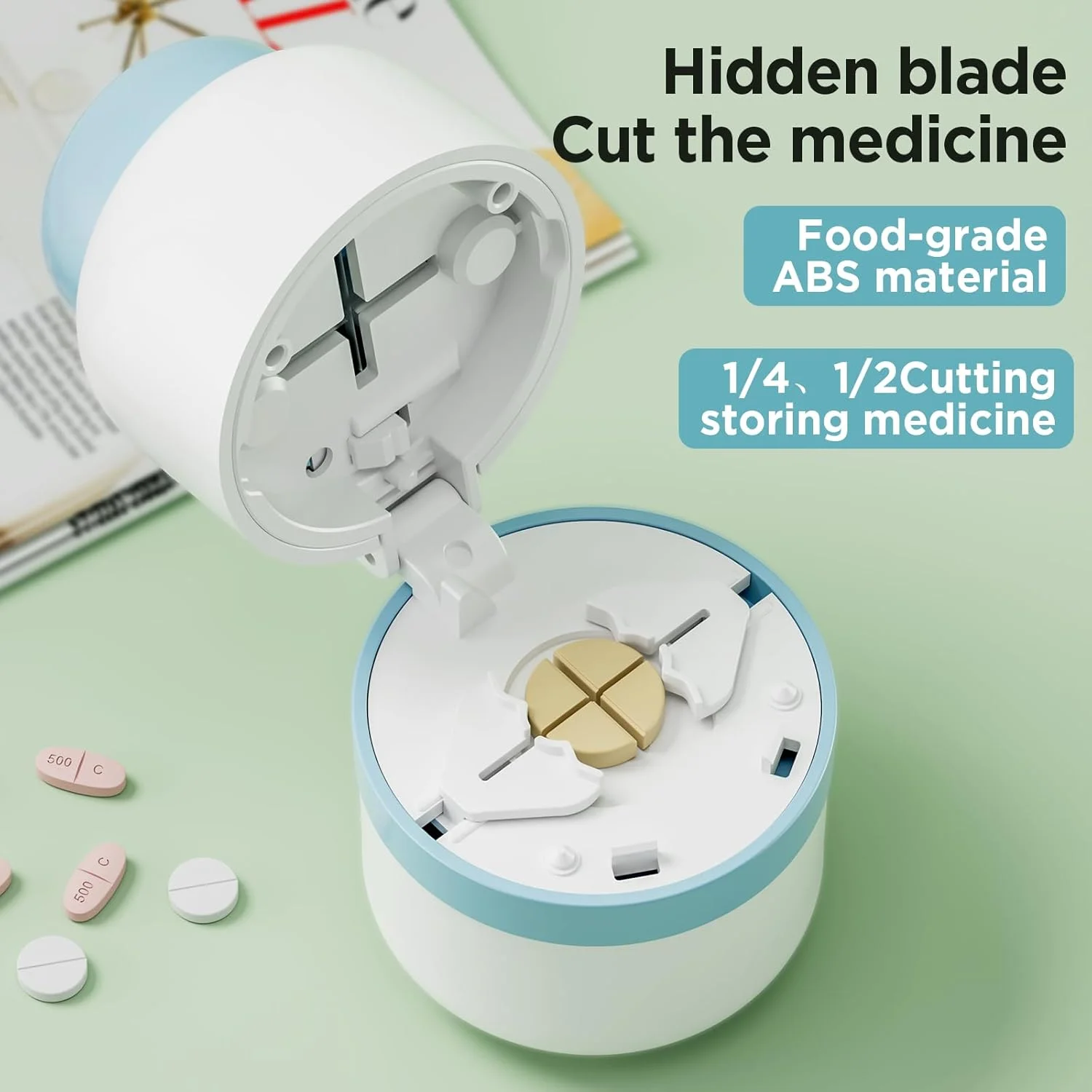 قرص خرد کن - قرص تقسیم کن پزشکی با تیغه استیل ضد زنگ برای خرد کردن قرص های کوچک یا قرص های بزرگ به یک سوم، مناسب برای خرد کردن ویتامین ها، قرص ها (آبی 1/4)