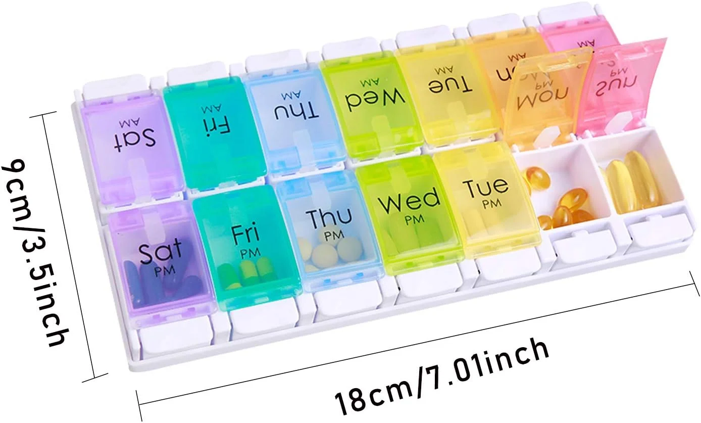 جعبه قرص هفتگی پزشکی، سازمان دهنده قرص 14 روزه، جعبه تقسیم قرص، جعبه دارویی صبح و عصر، جعبه قرص با 14 محفظه برای داروها، مکمل ها و ویتامین ها