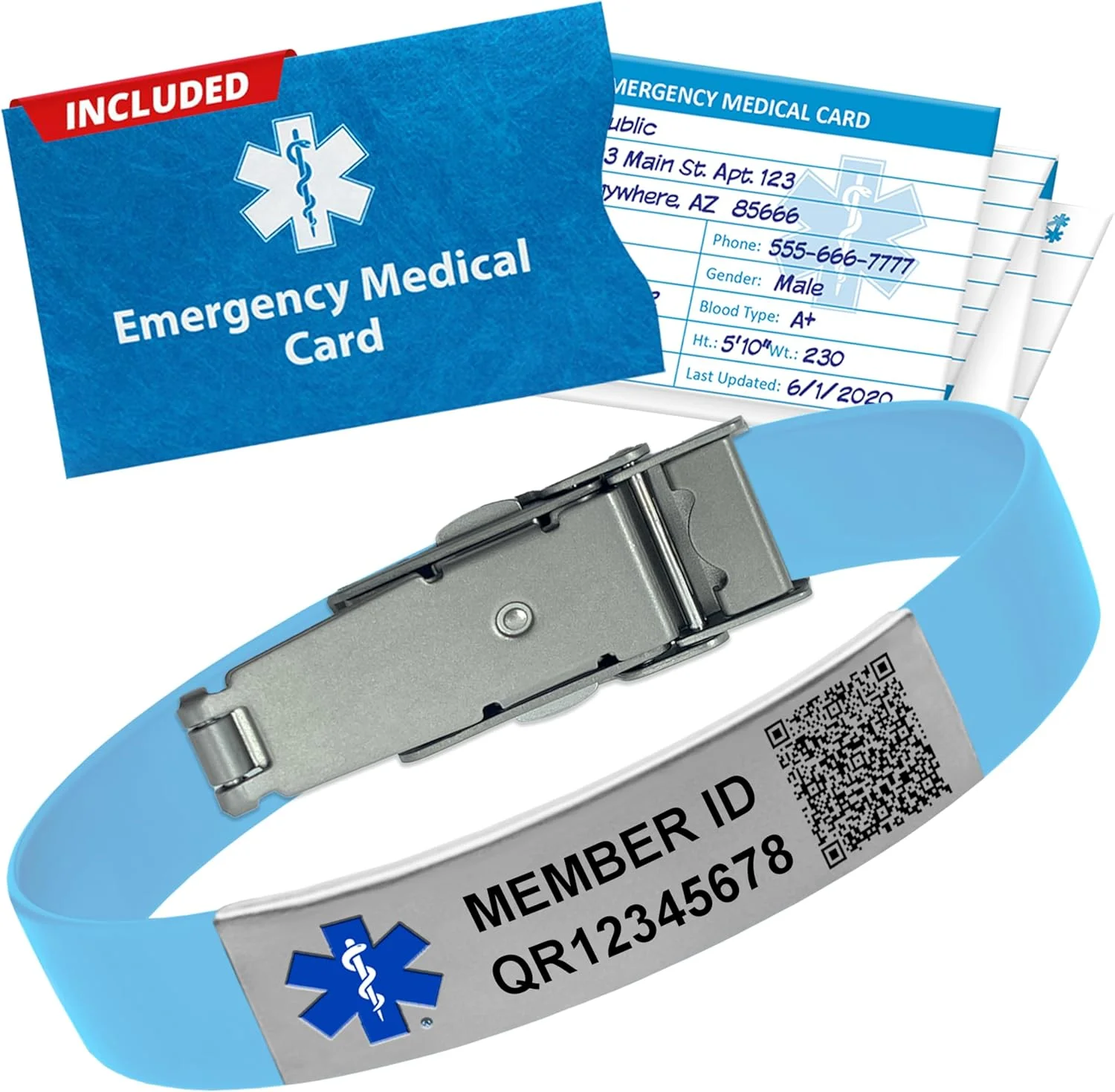 دستبند هشدار پزشکی QR - بند هشدار پزشکی - شامل سابقه کامل سلامت شخصی و کارت پزشکی اورژانس (آبی آسمانی)