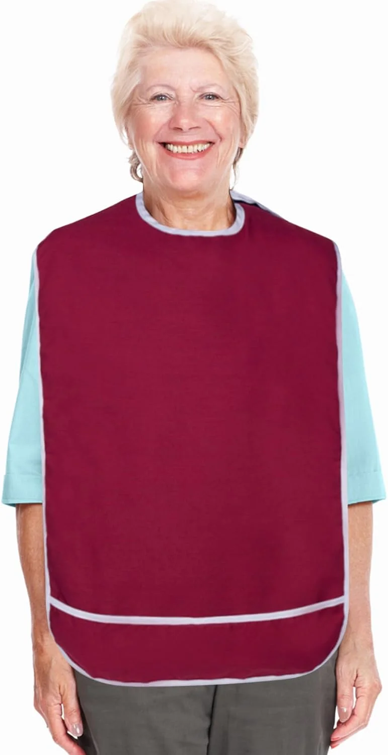 پیشبند بزرگسال برای غذا خوردن، محافظ لباس ضد آب با گیرنده خرده. قابل شستشو در ماشین لباسشویی (قرمز)