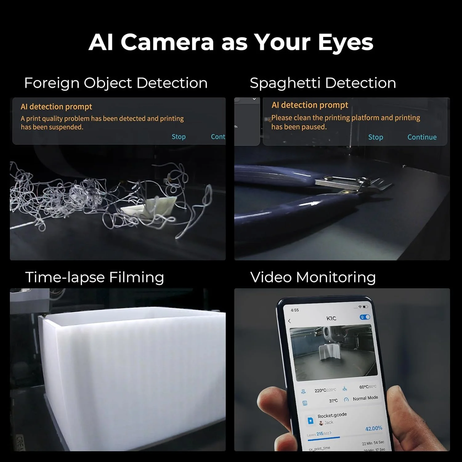 پرینتر سه بعدی کرالیتی K1C جدید [2024]، سرعت بالا تا 600 میلی‌متر بر ثانیه، چاپ فیبر کربنی قابل اعتماد، طراحی ضد لرزش، کالیبراسیون خودکار برای تراز کردن، مونتاژ شده و سیستم عامل هوشمند سه بعدی پرینتر سرعت بالا