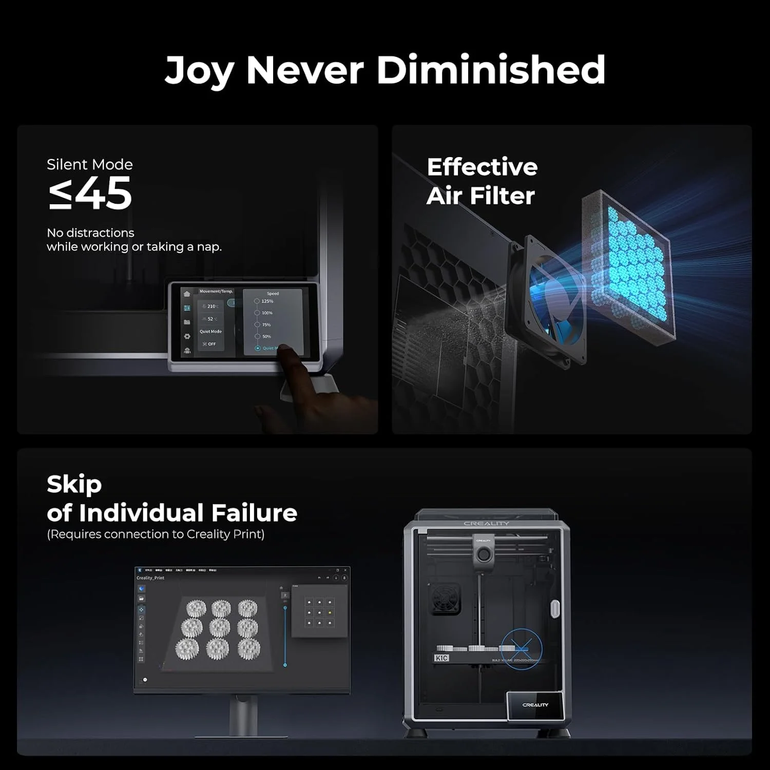 پرینتر سه بعدی کرالیتی K1C جدید [2024]، سرعت بالا تا 600 میلی‌متر بر ثانیه، چاپ فیبر کربنی قابل اعتماد، طراحی ضد لرزش، کالیبراسیون خودکار برای تراز کردن، مونتاژ شده و سیستم عامل هوشمند سه بعدی پرینتر سرعت بالا