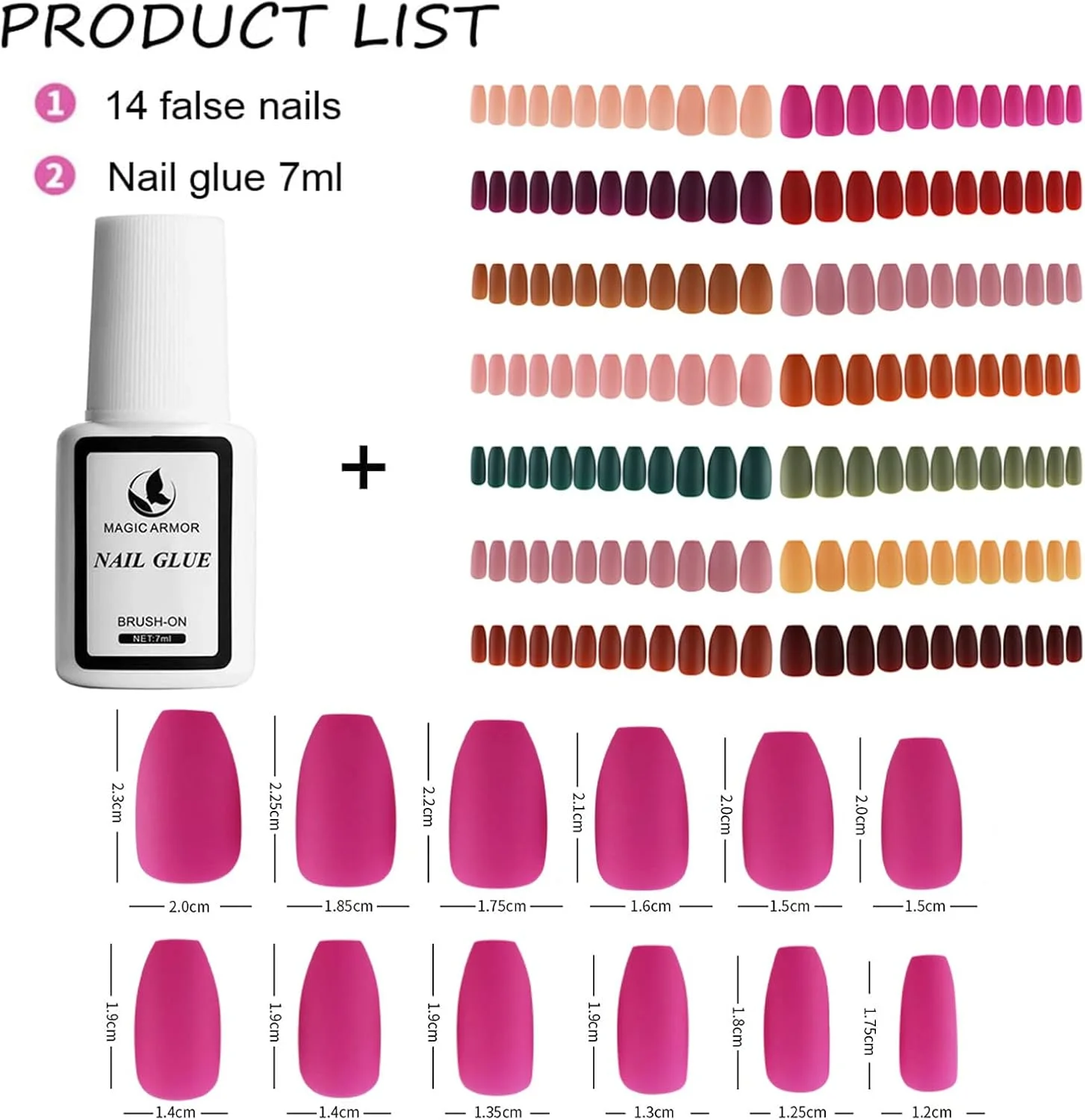 336 عدد ناخن مصنوعی مات کوتاه بالرینی تابوتی (14 رنگ) پوشش کامل، مناسب برای طراحی و کاشت ناخن در خانه و سالن، 12 سایز مختلف به همراه چسب 7 گرمی