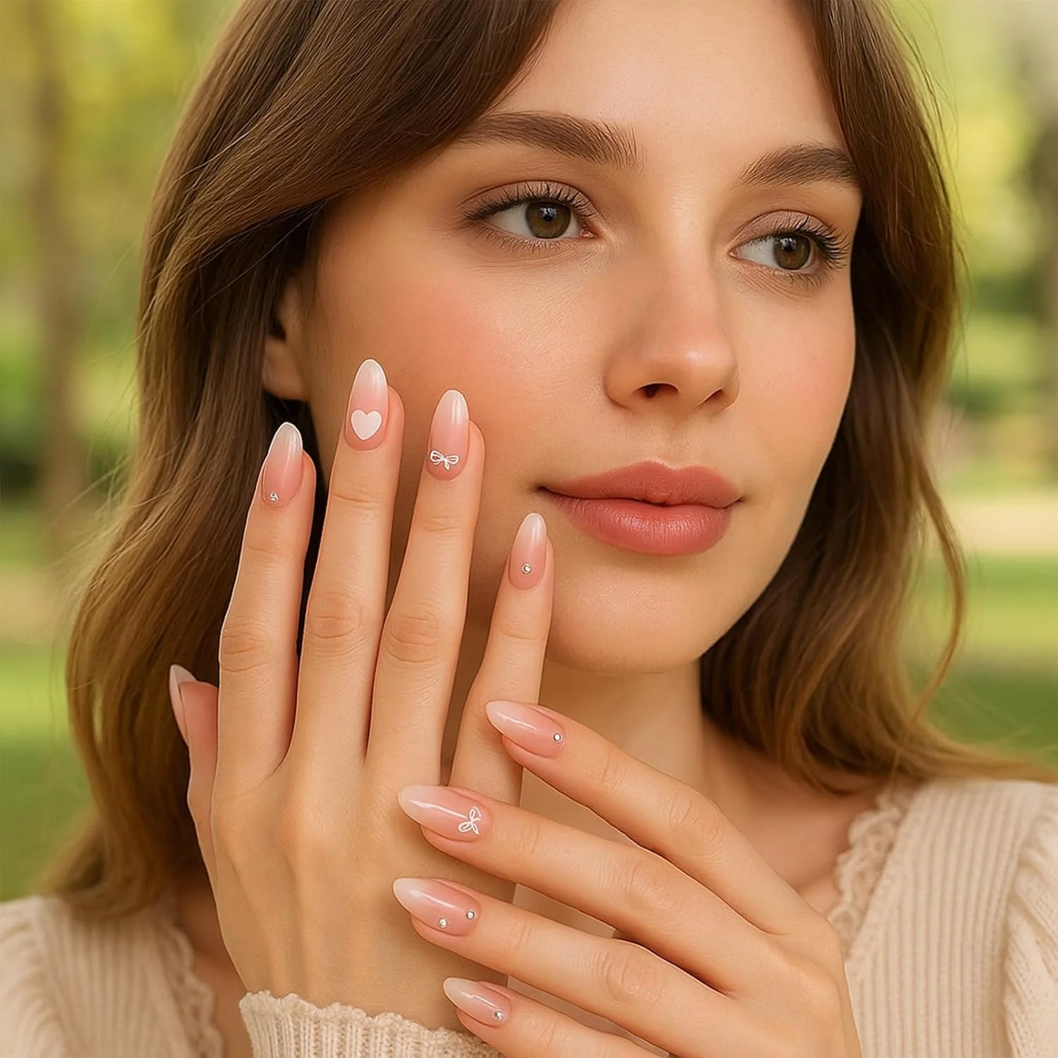 ناخن مصنوعی طرح پاپیون و قلب صورتی - ناخن های مصنوعی بادامی کوتاه با نگین، نوک چسبی براق گرادیانی، اکریلیک قابل استفاده مجدد برای زنان و دختران (1)