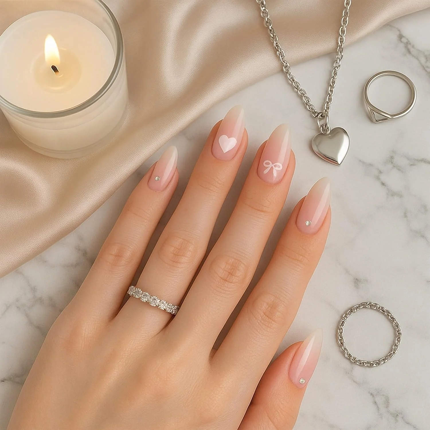 ناخن مصنوعی طرح پاپیون و قلب صورتی - ناخن های مصنوعی بادامی کوتاه با نگین، نوک چسبی براق گرادیانی، اکریلیک قابل استفاده مجدد برای زنان و دختران (1)