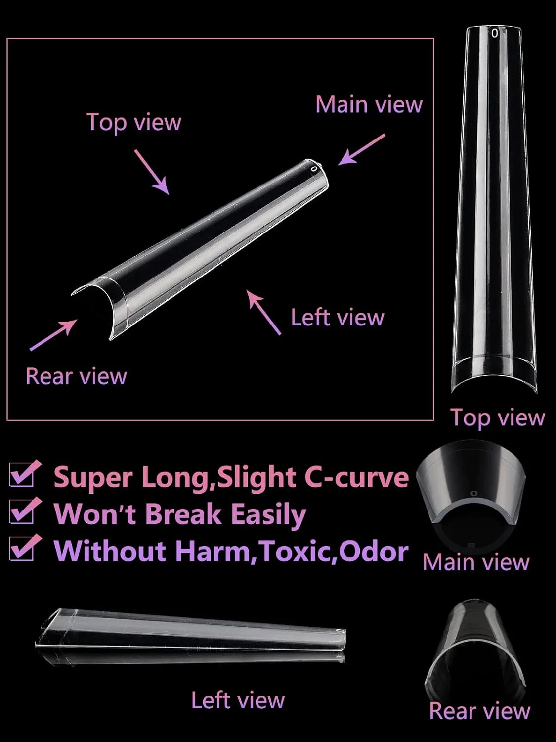 504 عدد تیپ ناخن تابوتی شفاف برای ناخن های اکریلیک حرفه ای، XXXL فوق العاده بلند بدون خمیدگی C، تیپ ناخن اکریلیک مستقیم تابوتی، نیم پوشش بدون چروک، ناخن مصنوعی برای طراحی ناخن DIY در 12 سایز