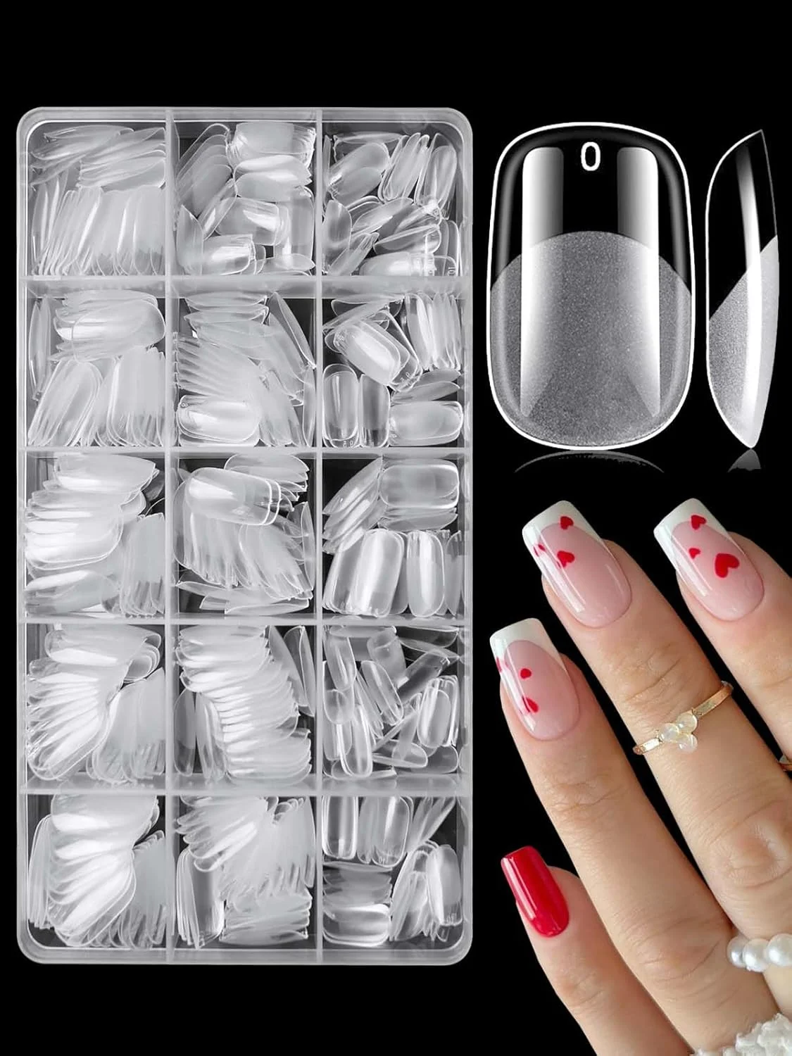کیت ناخن ژلی، 300 عدد تیپ ناخن متوسط اسکووال، کیت ناخن مصنوعی شفاف پوشش کامل، کیت ناخن اکریلیک فشاری گرد مربعی متوسط با کیت دکوراسیون برچسب ناخن برای طراحی اکستنشن ناخن