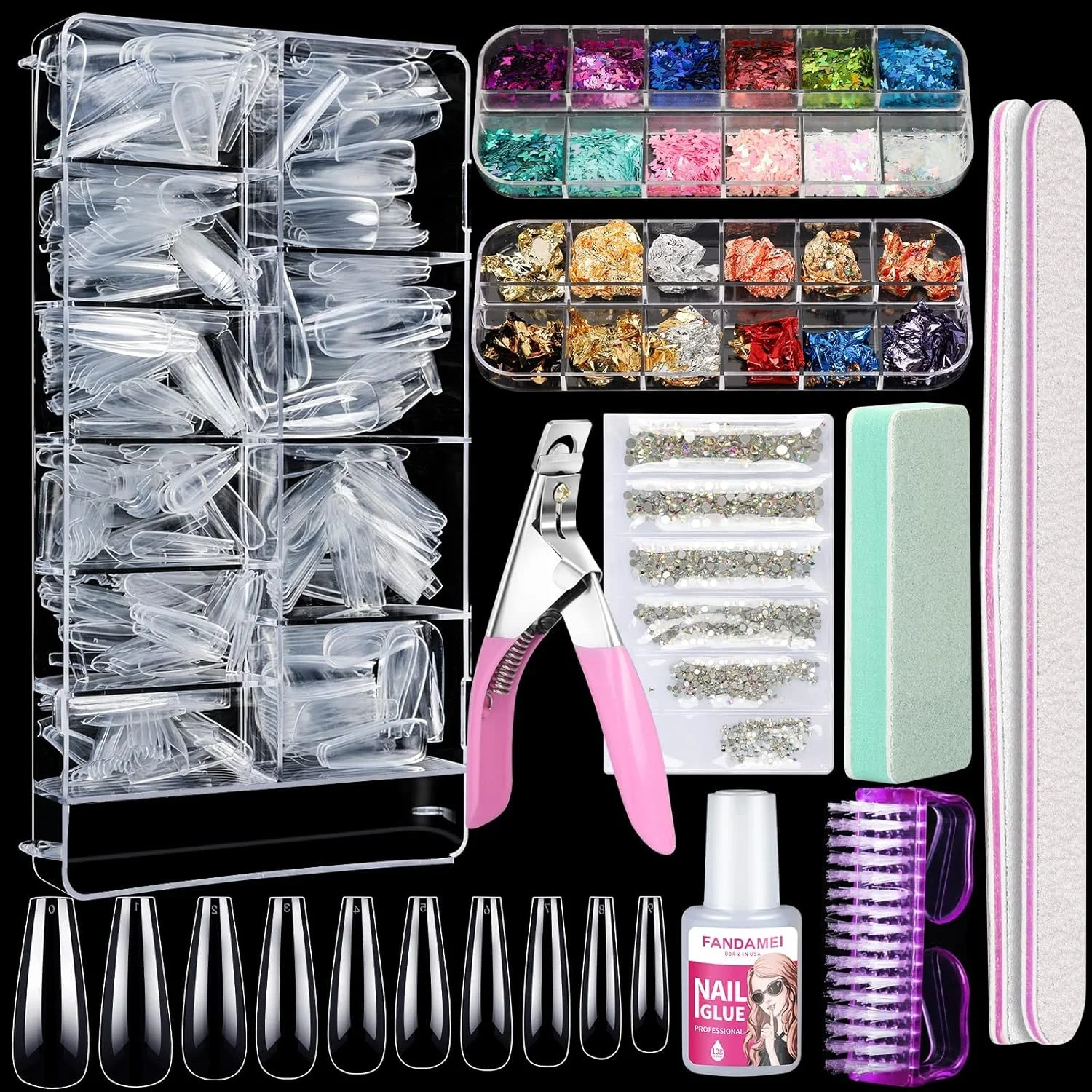 کیت نوک ناخن مصنوعی اکریلیک، مجموعه 500 عددی ناخن کامل شفاف با چسب ناخن، پولک پروانه ای ناخن، فویل ناخن، نگین های AB برای سالن های ناخن و هنر ناخن DIY