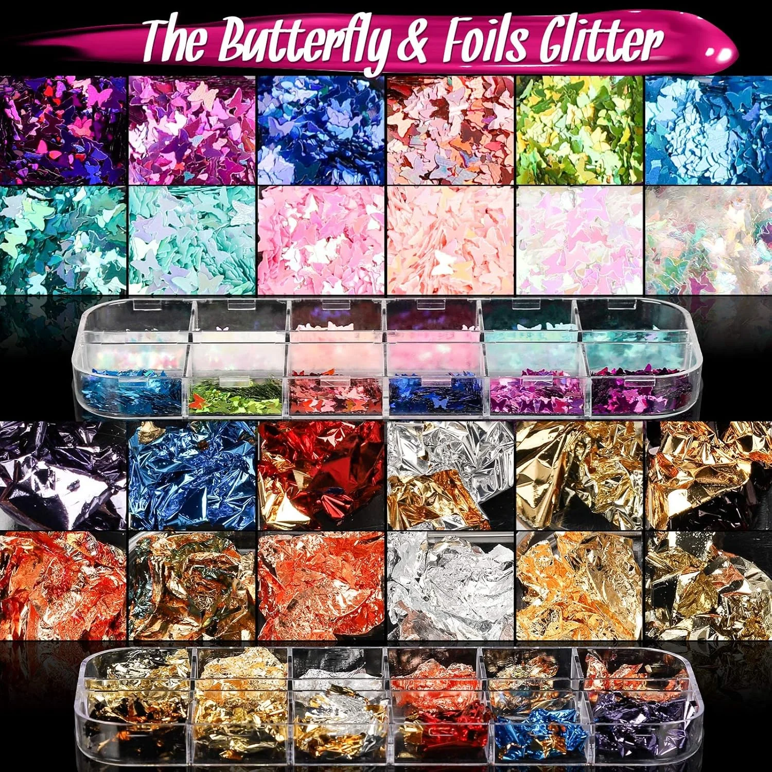 کیت نوک ناخن مصنوعی اکریلیک، مجموعه 500 عددی ناخن کامل شفاف با چسب ناخن، پولک پروانه ای ناخن، فویل ناخن، نگین های AB برای سالن های ناخن و هنر ناخن DIY