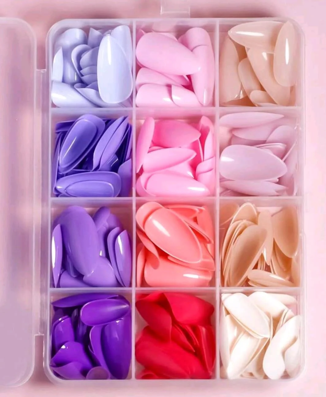 ۲۸۸ عدد ناخن مصنوعی بادامی بلند، ۱۲ رنگ، بسته بزرگ ناخن های مصنوعی چند رنگ. بنفش، قرمز، صورتی، سفید، بژ.