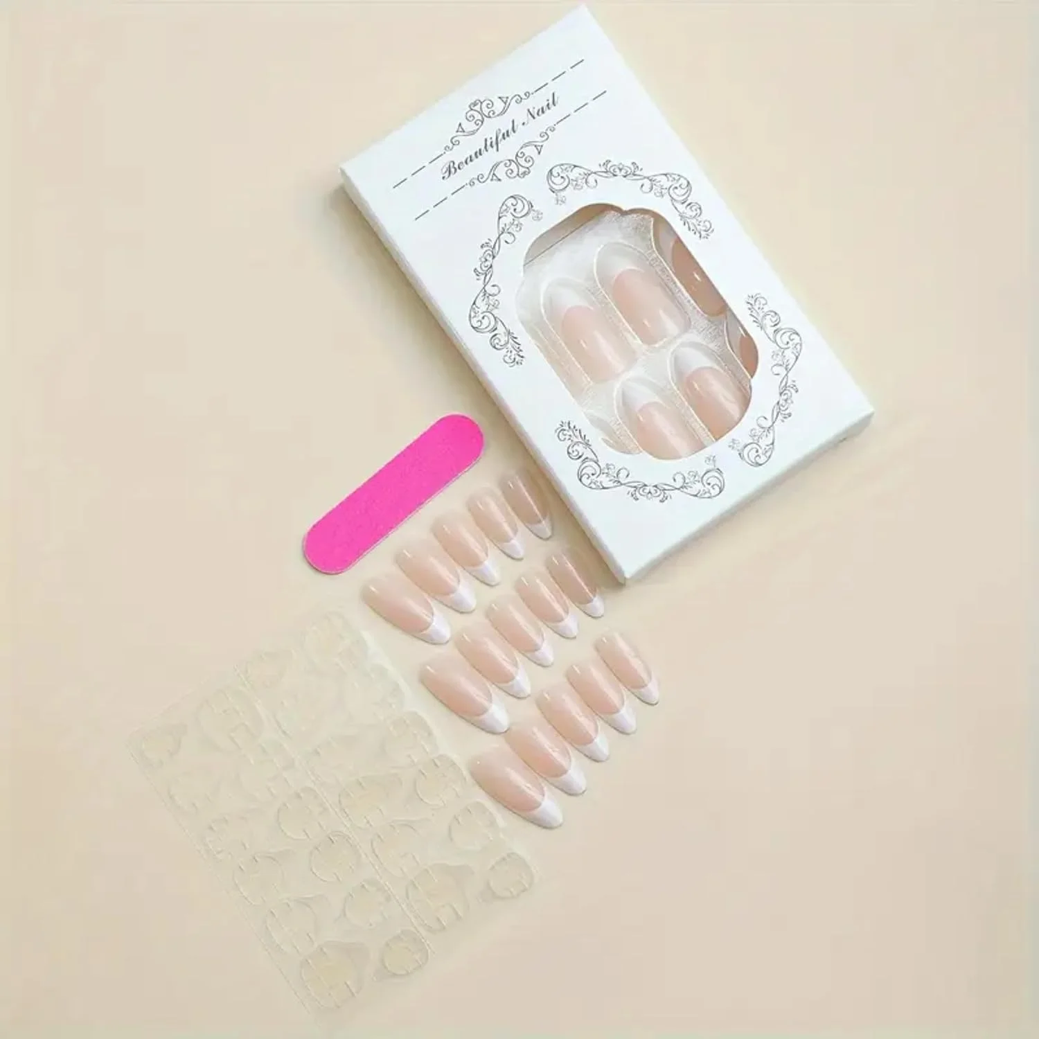 ناخن مصنوعی بادامی 24 عددی، پوشش کامل به سبک فرنچ سفید، ناخن های مصنوعی چسبی برای خانم ها ناخن مصنوعی بادامی 24 عددی، پوشش کامل به سبک فرنچ سفید، ناخن های مصنوعی چسبی برای خانم ها
