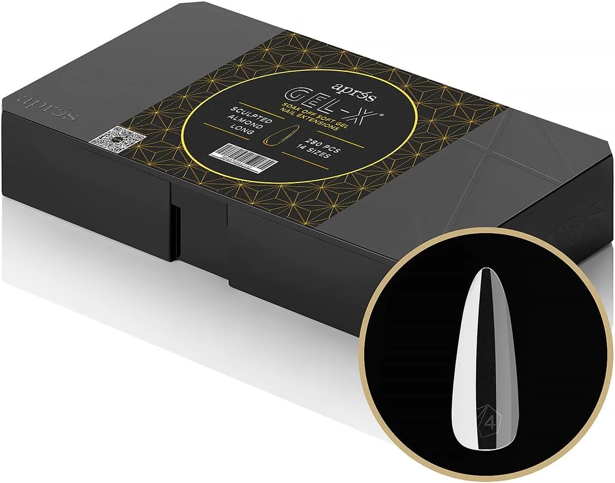 جعبه تیپ ناخن بادامی Aprés Gel-X، شامل 280 تیپ ژل نرم، 14 سایز 00-9، شامل سایزهای نیمه (بادامی بلند تراشیده شده، 280 عدد)