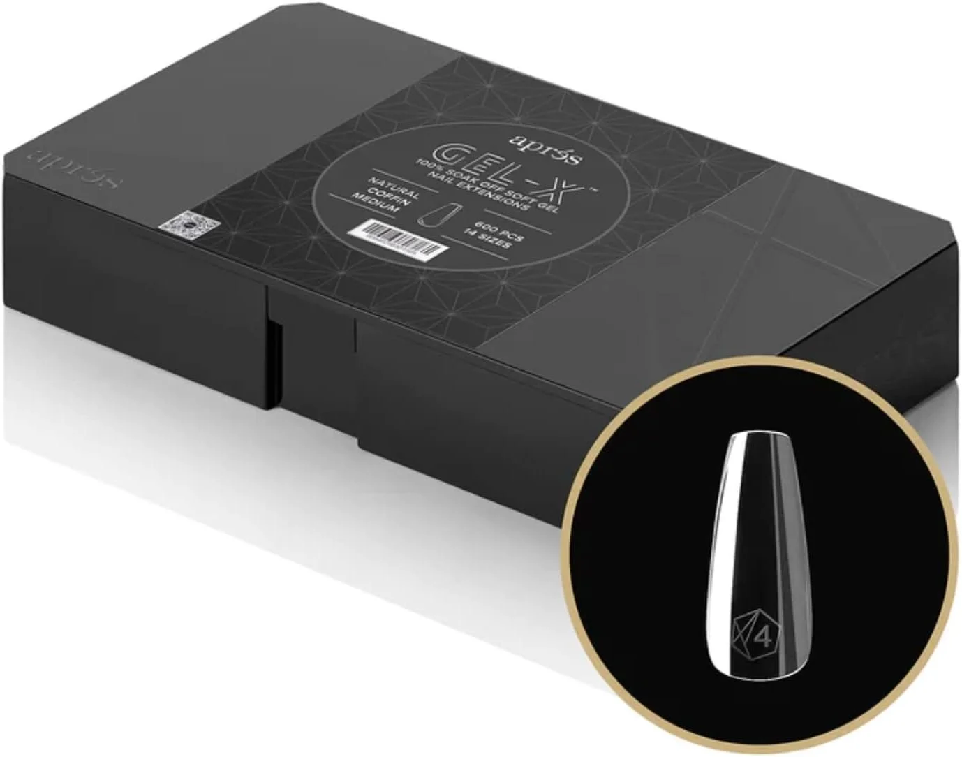 جعبه تیپ ناخن ژل ایکس Aprés، مدل Natural Coffin Medium | شامل 600 تیپ ژل ایکس، کیفیت عالی، 14 سایز 00-9 | دارای سایزهای نیمه