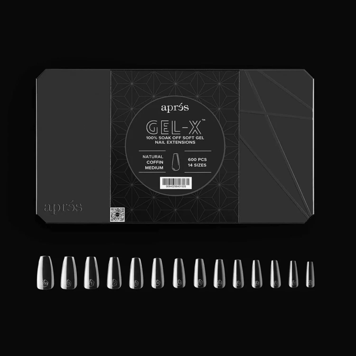 جعبه تیپ ناخن ژل ایکس Aprés، مدل Natural Coffin Medium | شامل 600 تیپ ژل ایکس، کیفیت عالی، 14 سایز 00-9 | دارای سایزهای نیمه