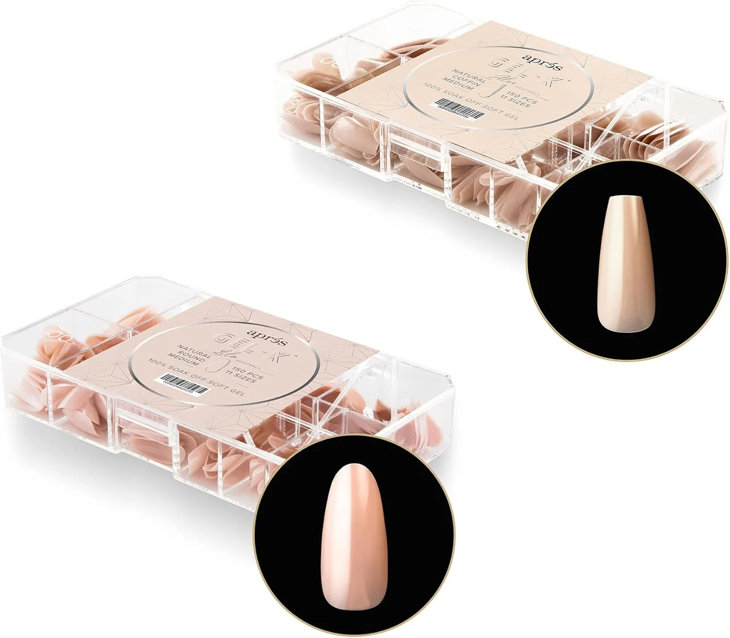 بسته نوک ناخن ژل ایکس رنگ های طبیعی APRÉS، مدل Alex Natural Coffin Medium و Lila Natural Round Medium | شامل 300 نوک ژل ایکس | کیفیت عالی | 11 سایز 00-9