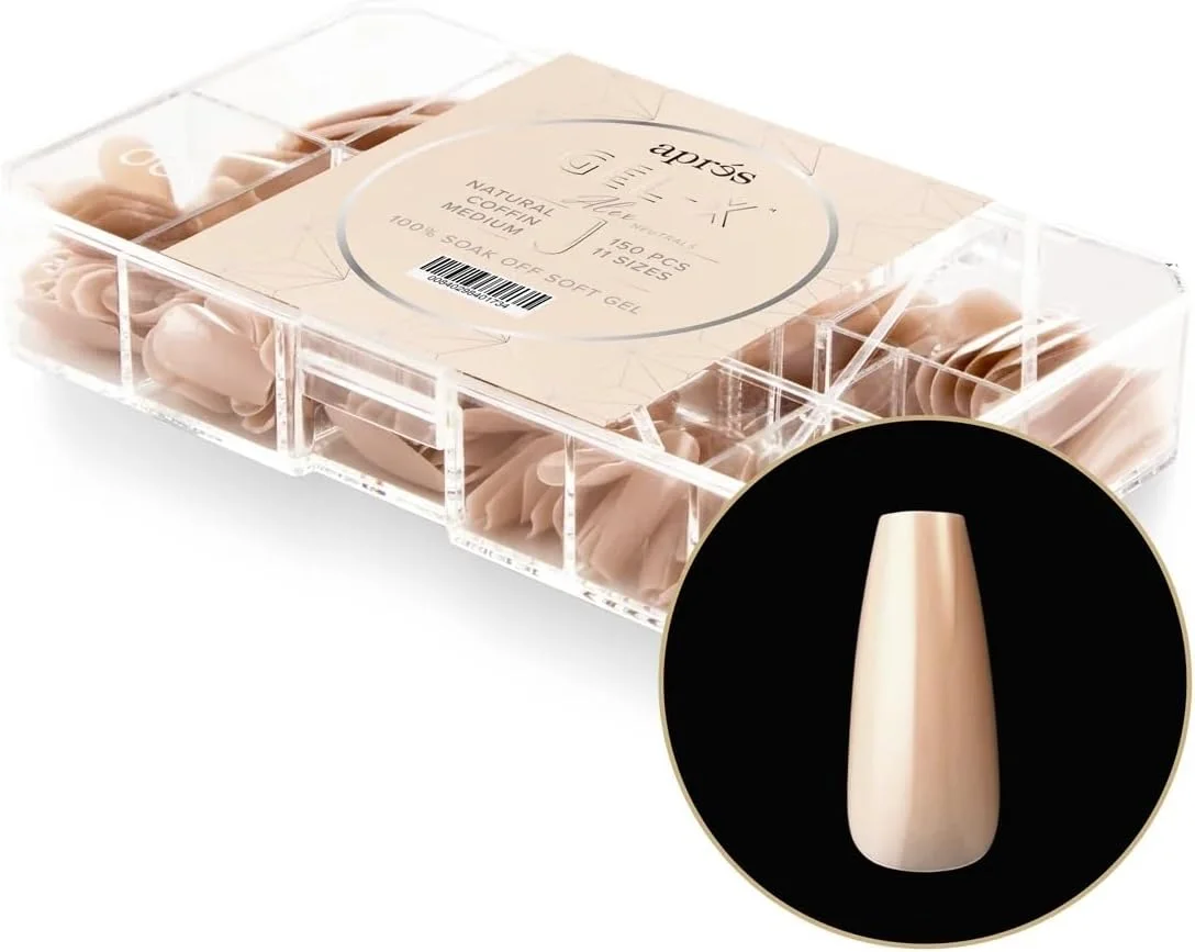 بسته نوک ناخن ژل ایکس رنگ های طبیعی APRÉS، مدل Alex Natural Coffin Medium و Lila Natural Round Medium | شامل 300 نوک ژل ایکس | کیفیت عالی | 11 سایز 00-9