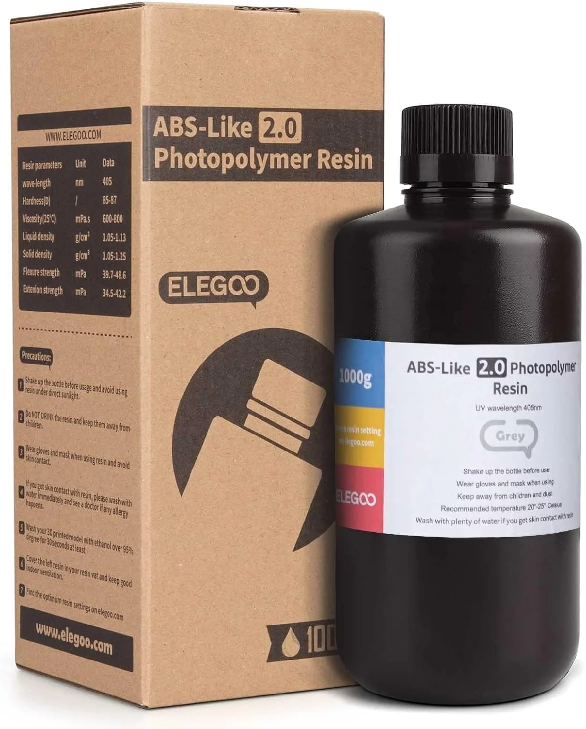 رزین پرینتر سه بعدی ELEGOO شبیه ABS، رزین پلیمری نوری استاندارد 405 نانومتری برای پرینت سه بعدی LCD (خاکستری 2.0، 1000 گرم)