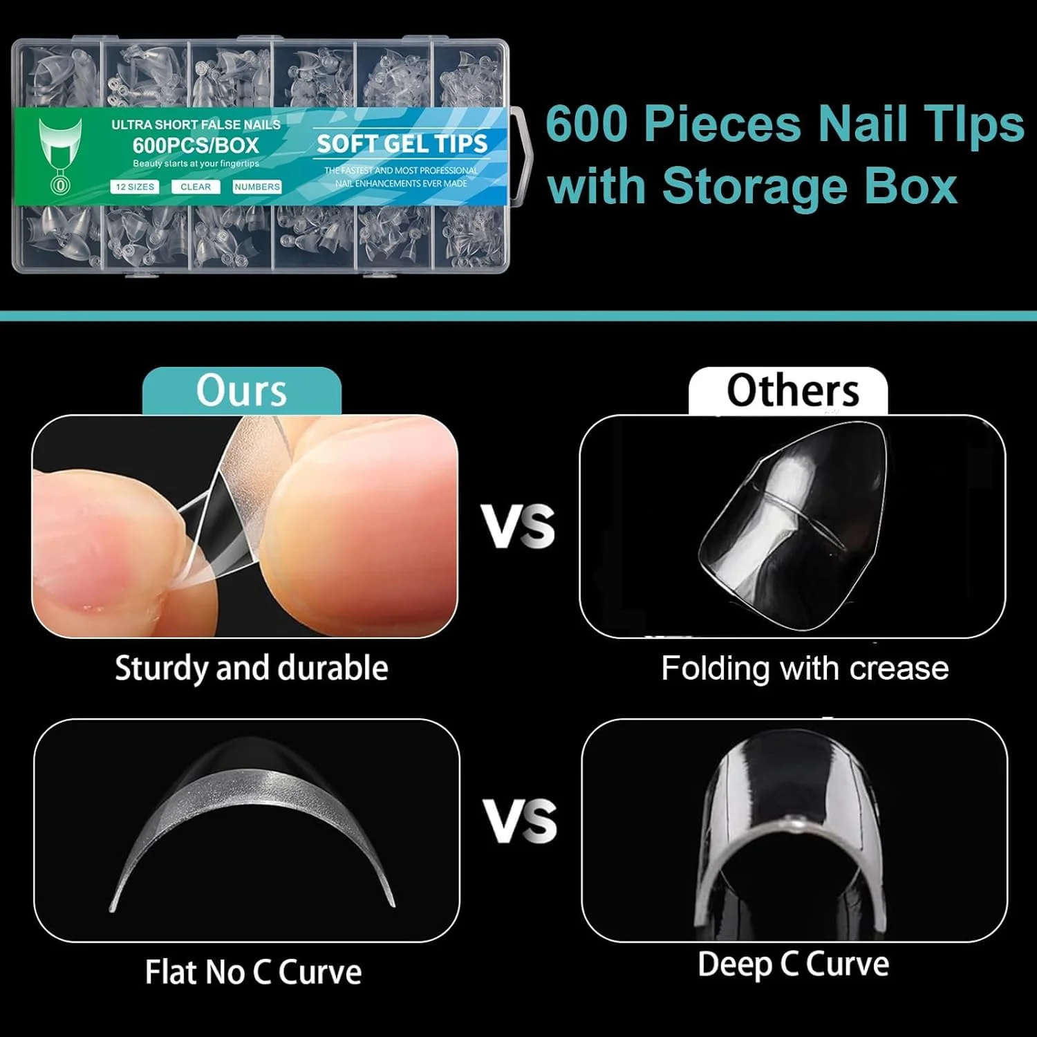 ۶۰۰ عدد تیپ ناخن بادامی ژل نرم، ناخن های قالبی شفاف نیمه پوشش از Azonee، کیفیت سالنی برای مانیکور خانگی، اکستنشن DIY برای مبتدیان و حرفه ای ها، نیمه مات، خودکار، ۱۲ سایز