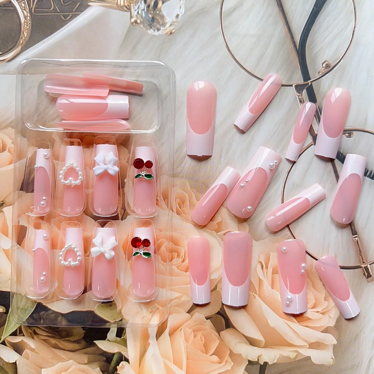 ناخن مصنوعی بلند مربعی Azonee با طرح فرنچ، طراحی الماس، گیلاس و مروارید، استفاده آسان، برای زنان و دختران (24 عدد)