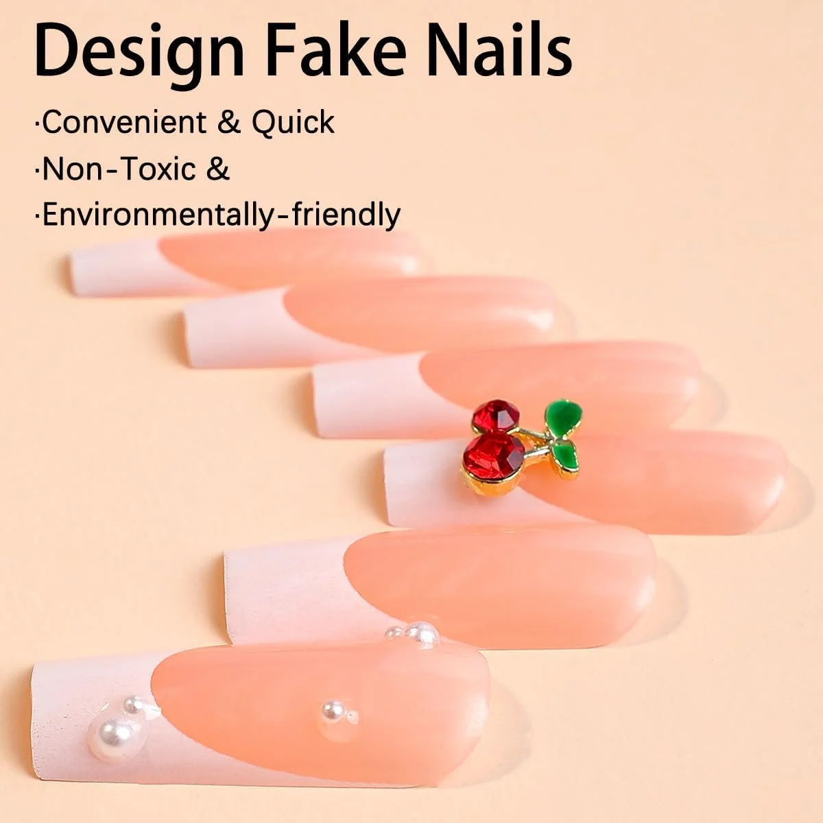 ناخن مصنوعی بلند مربعی Azonee با طرح فرنچ، طراحی الماس، گیلاس و مروارید، استفاده آسان، برای زنان و دختران (24 عدد)