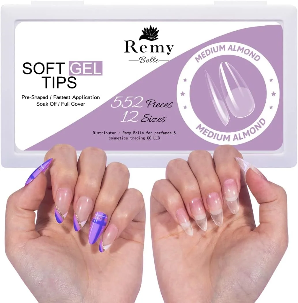 نکات ژل نرم ناخن Remy Belle، مجموعه 552 عددی در 12 سایز برای اکستنشن ناخن، نوک بادامی ژله ای متوسط شفاف، پوشش کامل ناخن PMMA از قبل بافر شده