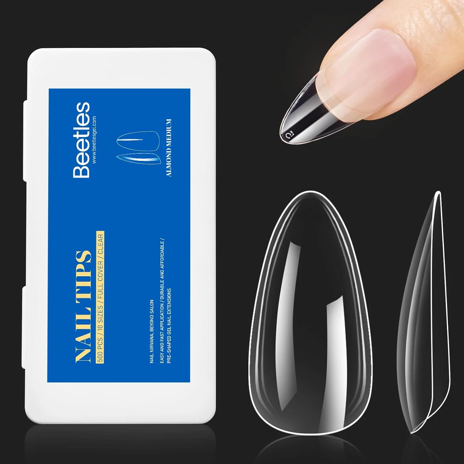 نکته های ژل ناخن Beetles، ناخن های بادامی شکل متوسط، 500 عدد نکته ناخن نرم از پیش شکل داده شده، ناخن های مصنوعی پوشش کامل شفاف برای لاک ژل، اکستنشن آسان ناخن