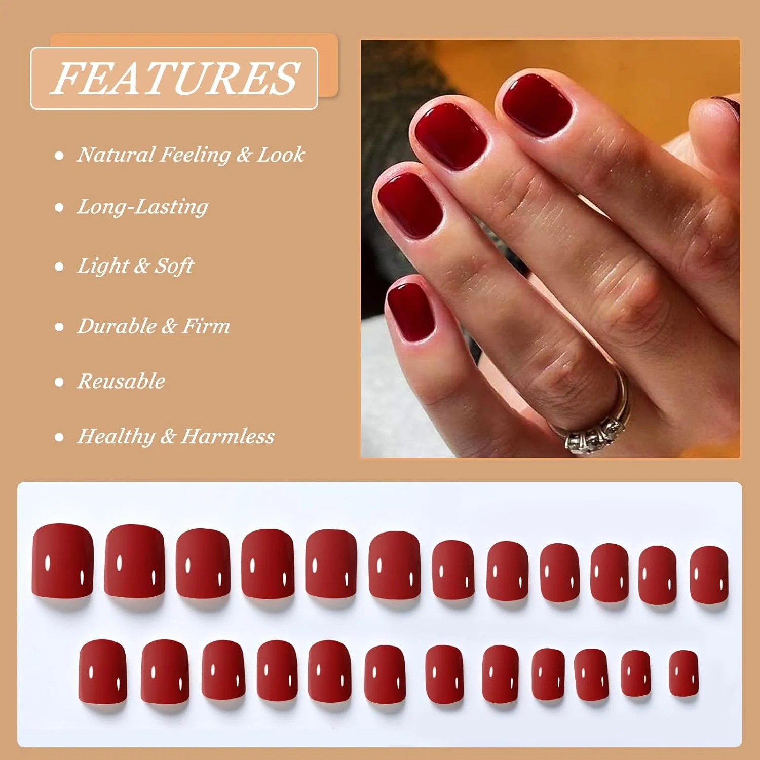 ناخن مصنوعی کوتاه مربعی، 24 عدد ناخن مصنوعی رنگ ثابت، ناخن های اکریلیک چسبی پوشش کامل برای زنان و دختران، طرح آتش روی لب های قرمز