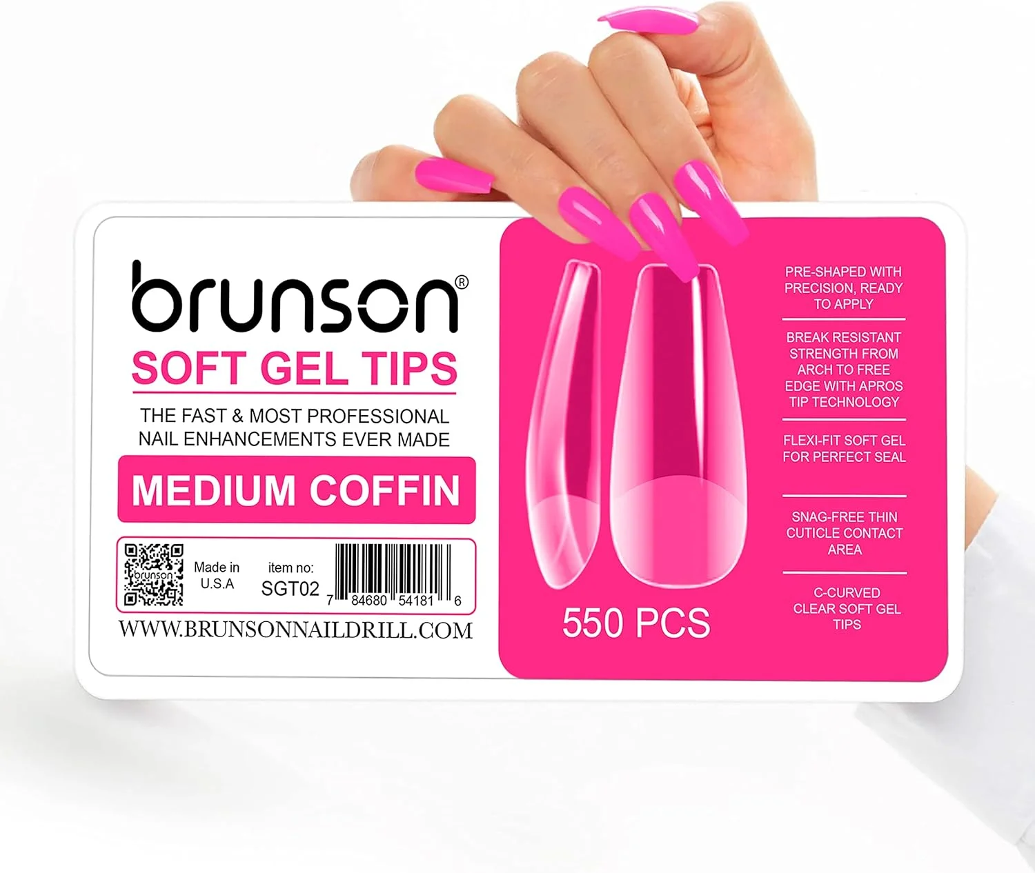 کیت نوک ناخن ژل نرم برانسون، 550 عدد نوک ناخن شفاف متوسط تابوتی ژله ای، ناخن مصنوعی PMMA از قبل بافر شده، 12 سایز