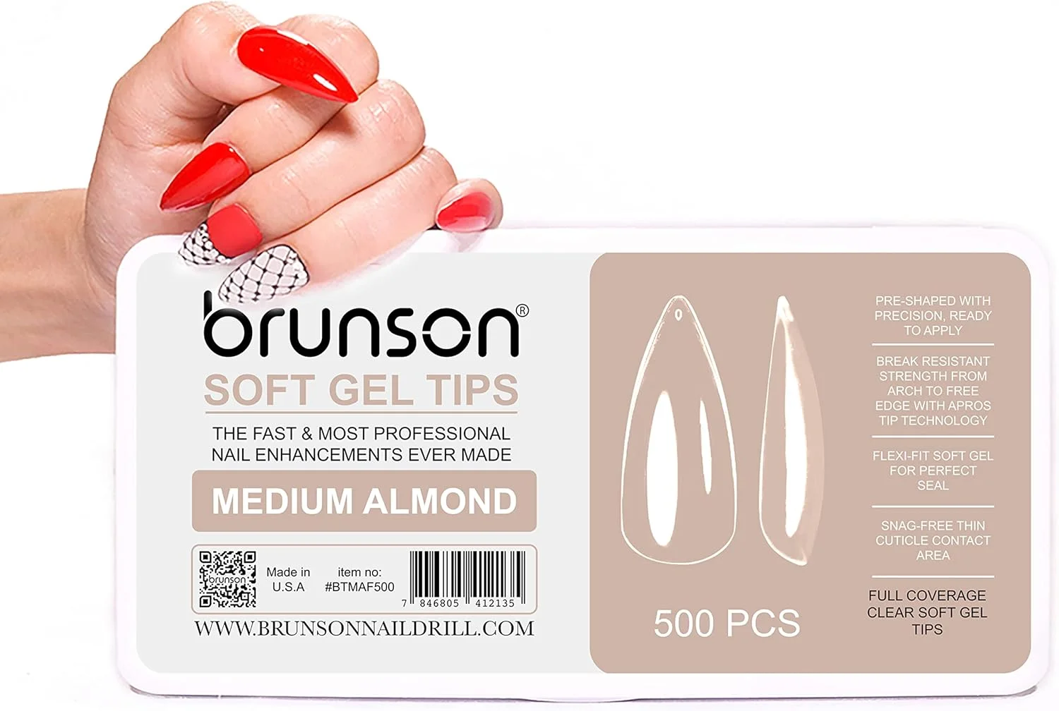کیت نوک ناخن ژلی نرم برانسون، 500 عدد نوک بادامی متوسط شفاف، 11 سایز