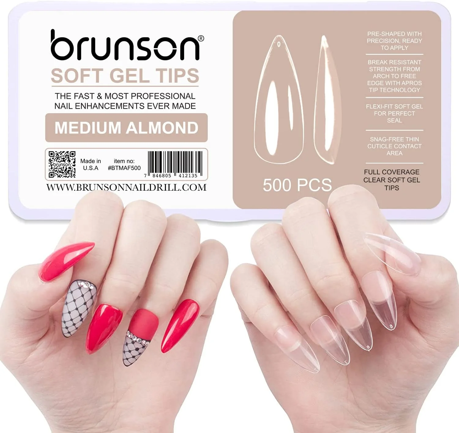 کیت نوک ناخن ژلی نرم برانسون، 500 عدد نوک بادامی متوسط شفاف، 11 سایز کیت نوک ناخن ژلی نرم برانسون، 500 عدد نوک بادامی متوسط شفاف، 11 سایز