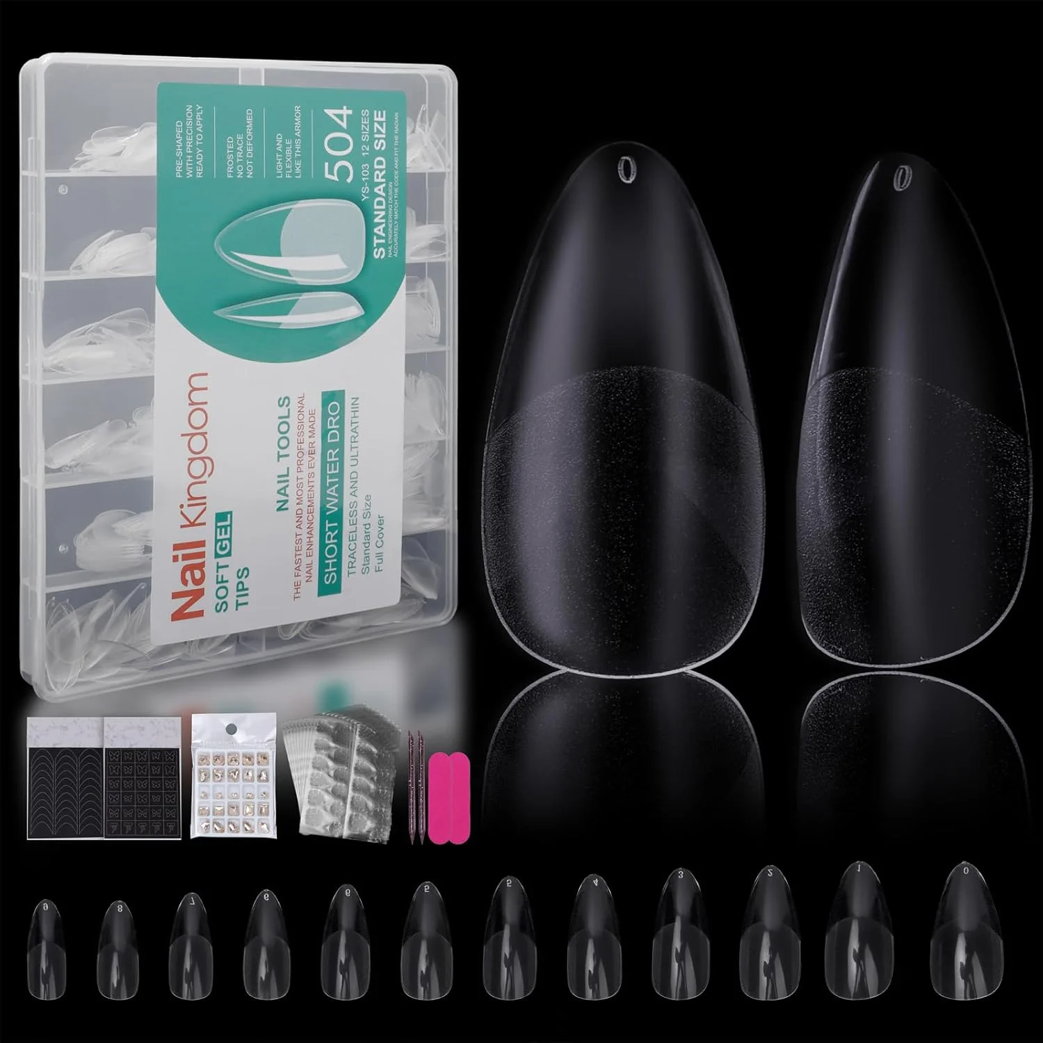 تیپ ناخن مصنوعی بادامی متوسط، تیپ ناخن ژلی پوشش کامل نرم برای اکستنشن ناخن، 12 سایز تیپ ناخن ژلی مات از پیش ساخته شده با جعبه، مناسب سالن ناخن