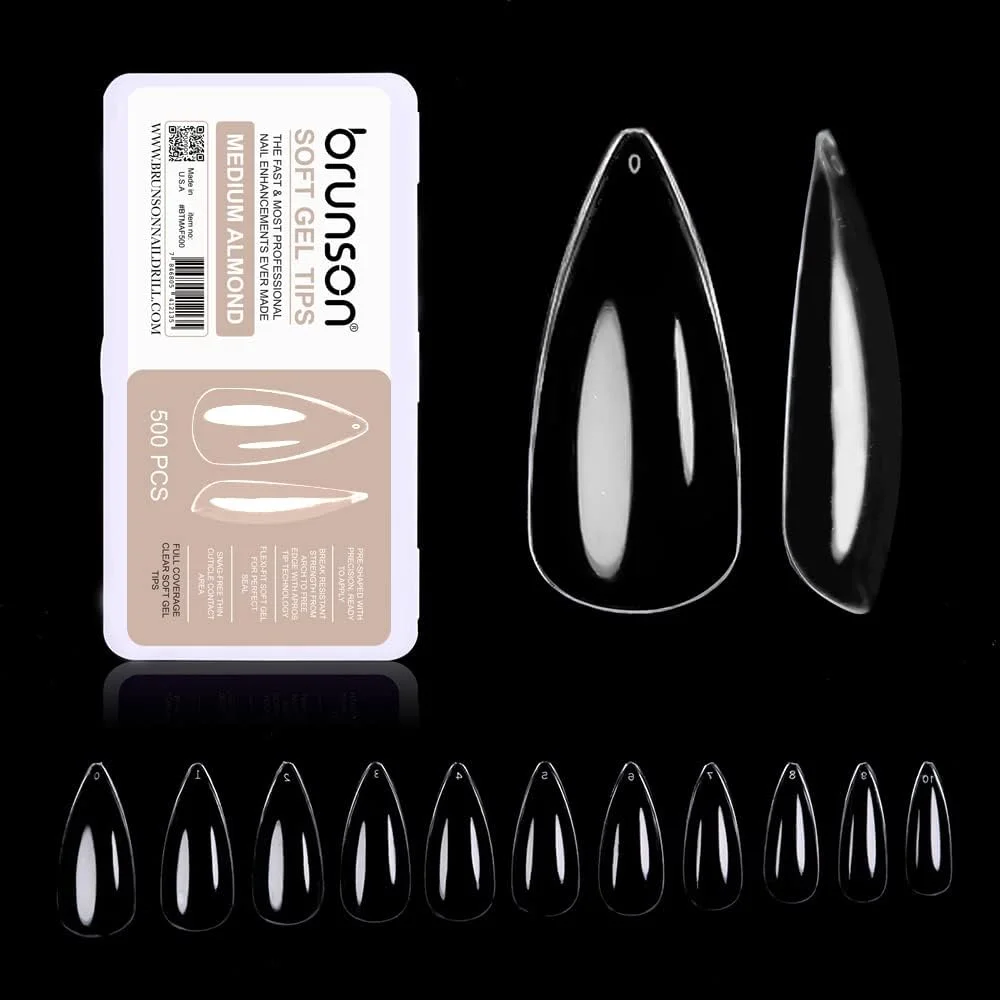 کیت نوک ناخن ژلی نرم برانسون، 500 عدد نوک بادامی متوسط شفاف، 11 سایز کیت نوک ناخن ژلی نرم برانسون، 500 عدد نوک بادامی متوسط شفاف، 11 سایز