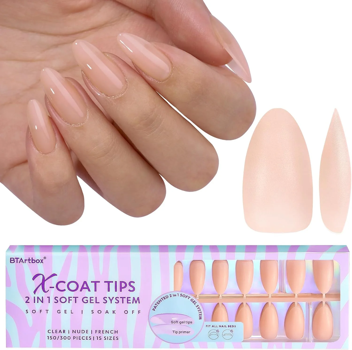 ناخن مصنوعی بادامی BTArtbox - تیپ ناخن ژلی نرم، متوسط XCOATTIPS طبیعی با رنگ پایه، چسبندگی قوی تر، ناخن های مصنوعی از پیش فرم داده شده و فوق العاده مناسب برای اکستنشن روزانه ناخن