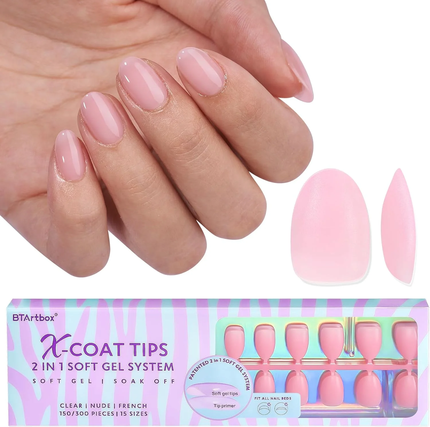 BTArtbox XCOATTIPS تیپ ناخن طبیعی - ناخن مصنوعی بادامی خیلی کوتاه صورتی، ناخن ژلی نرم بادوام، اکستنشن ناخن مصنوعی اکریلیک برای طراحی ناخن DIY هدیه روز ولنتاین