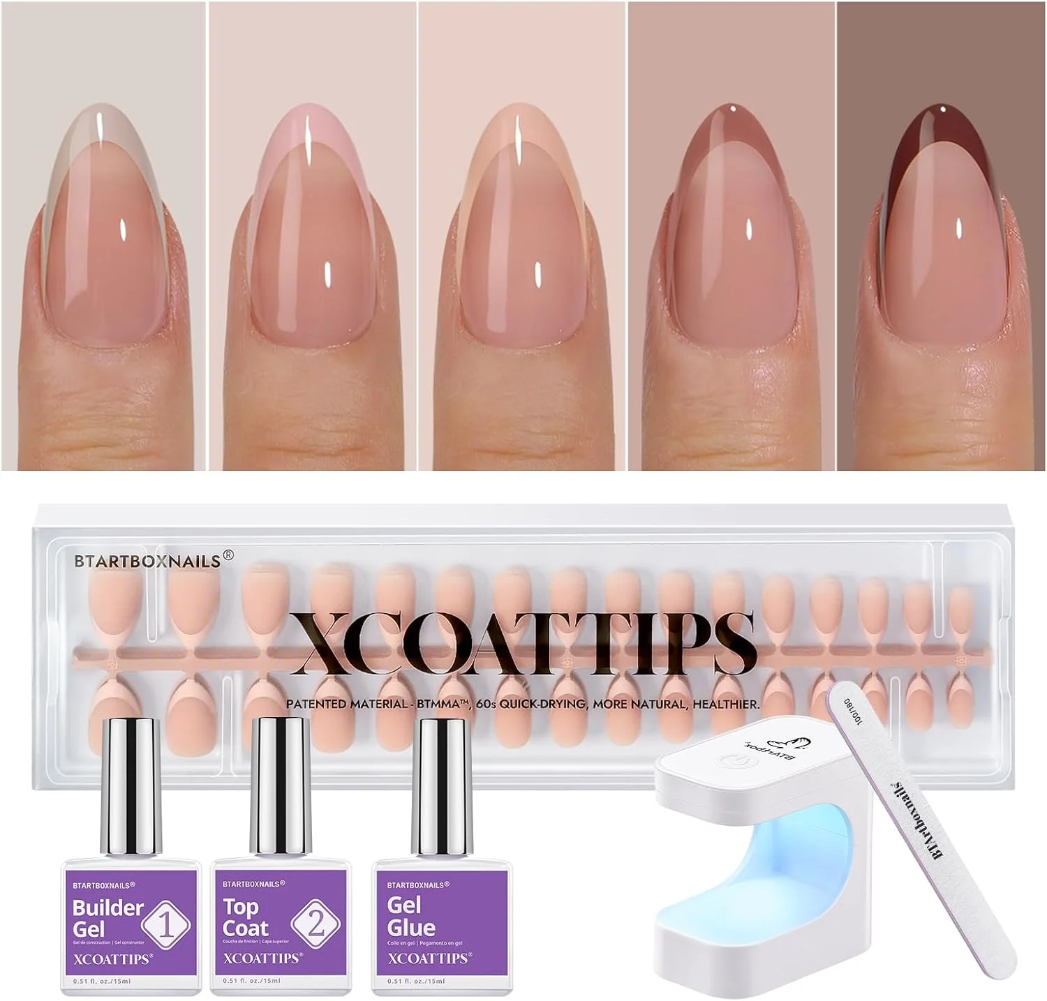 BTArtboxnails XCOATTIPS ناخن مصنوعی کوتاه - رنگ پوست، نوک ناخن بادامی، نوک ناخن ژلی نرم با ژل ناخن، محافظ فرانسوی، چراغ ناخن، همه در یک کیت ناخن مصنوعی فرانسوی
