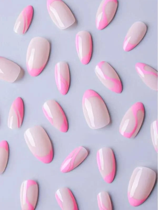 ناخن مصنوعی با طرح موج صورتی ملایم، مدل بادامی متوسط، رنگ یکدست براق، 24 عدد، طرح موج صورتی شیک، ناخن های اکریلیک مصنوعی با چسب ناخن مصنوعی با طرح موج صورتی ملایم، مدل بادامی متوسط، رنگ یکدست براق، 24 عدد، طرح موج صورتی شیک، ناخن های اکریلیک مصنوعی با چسب