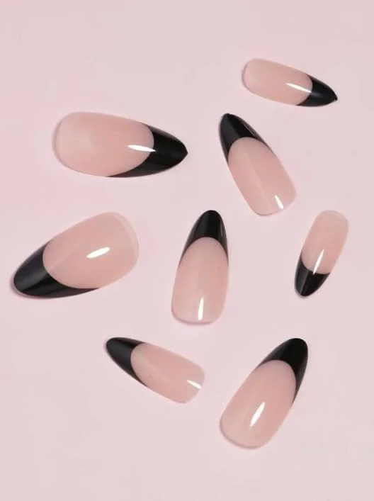ناخن مصنوعی طرح موج مشکی، کلاسیک، بادامی متوسط، رنگ ثابت براق، 24 عددی، طرح موج مشکی شیک برای پاییز، ناخن های اکریلیک مصنوعی با چسب