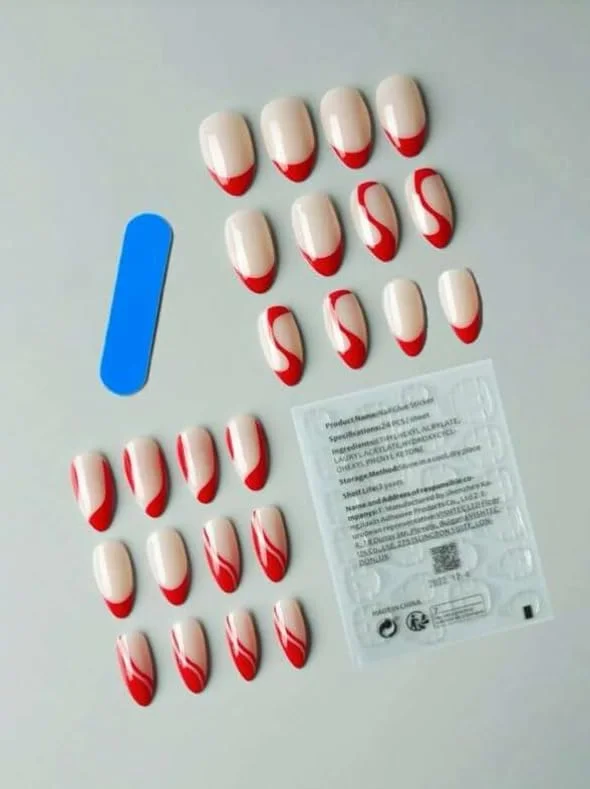 ناخن مصنوعی طرح موج قرمز، طرح کلاسیک بادامی متوسط، رنگ یکدست براق، 24 عدد، طرح شیک موج قرمز برای پاییز، ناخن های اکریلیک مصنوعی با چسب