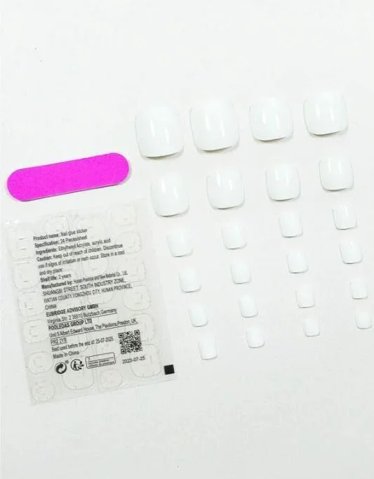 ناخن مصنوعی سفید کلاسیک، مربعی متوسط، براق ژله‌ای، 24 عددی، سفید شیک، ناخن‌های اکریلیک مصنوعی با چسب