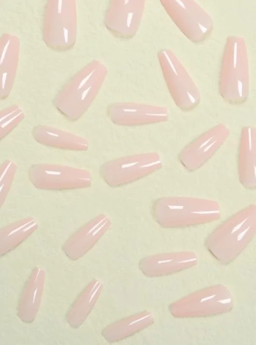 ناخن مصنوعی بلند مدل تابوتی رنگ ثابت گرادیانی براق 24 عددی، ناخن مصنوعی متوسط طبیعی فرنچ، ناخن های اکریلیک مصنوعی با چسب صورتی